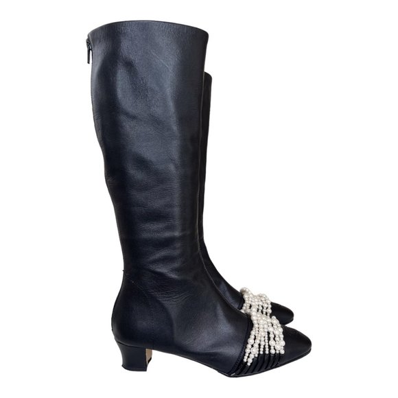 Chanel Cap Toe High Leather Boots with Pearls - Picture 2 of 13